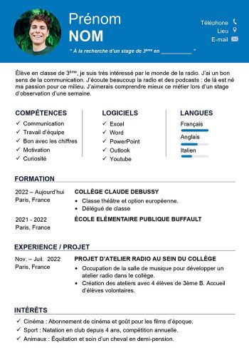 exemple cv stage 3eme