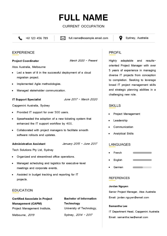 exemple cv australien