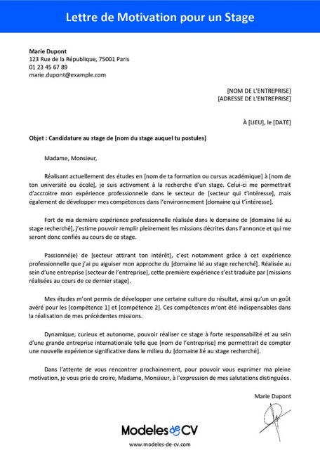 exemple lettre de motivation stage