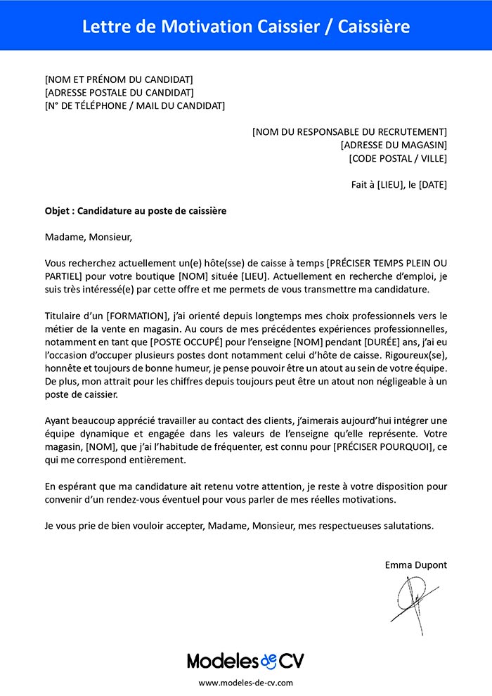 exemple lettre de motivation caissière