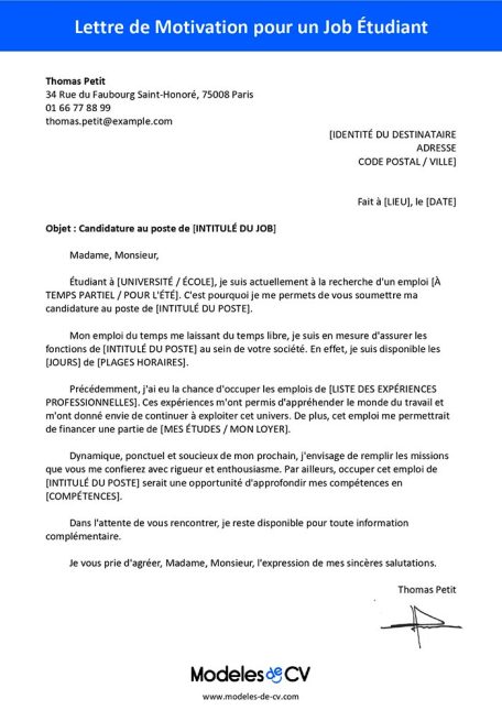 lettre de motivation job étudiant exemple