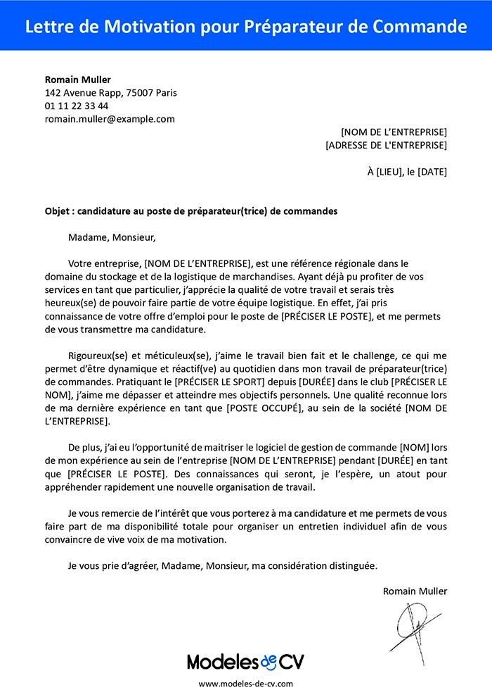 lettre de motivation préparateur de commande