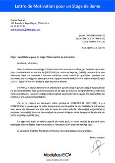 exemple lettre de motivation stage 3eme