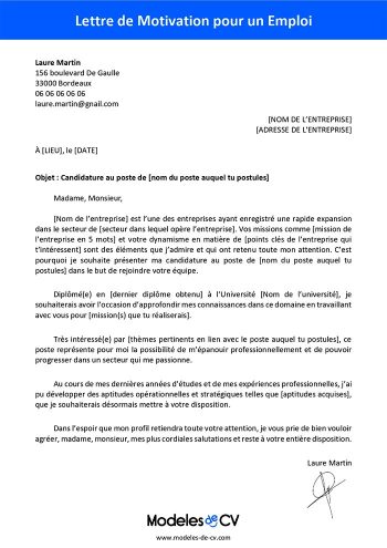 modele de lettre de motivation pour un emploi