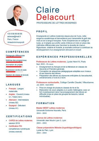 modele cv professeur enseignant