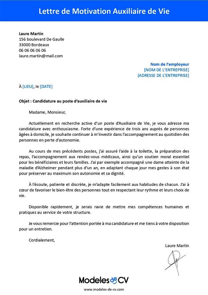 lettre de motivation auxiliaire de vie