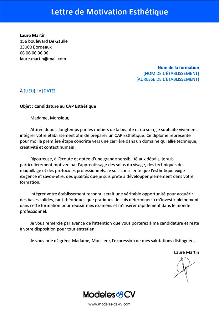 lettre de motivation esthetique
