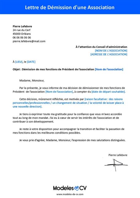 lettre de demission association