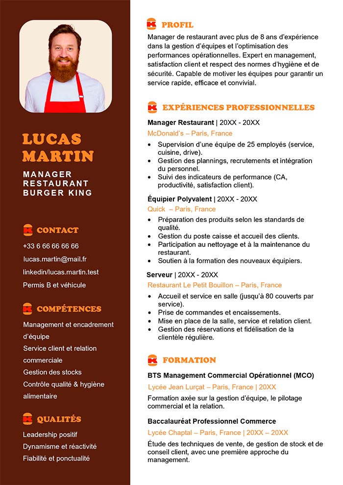 cv burger king exemple