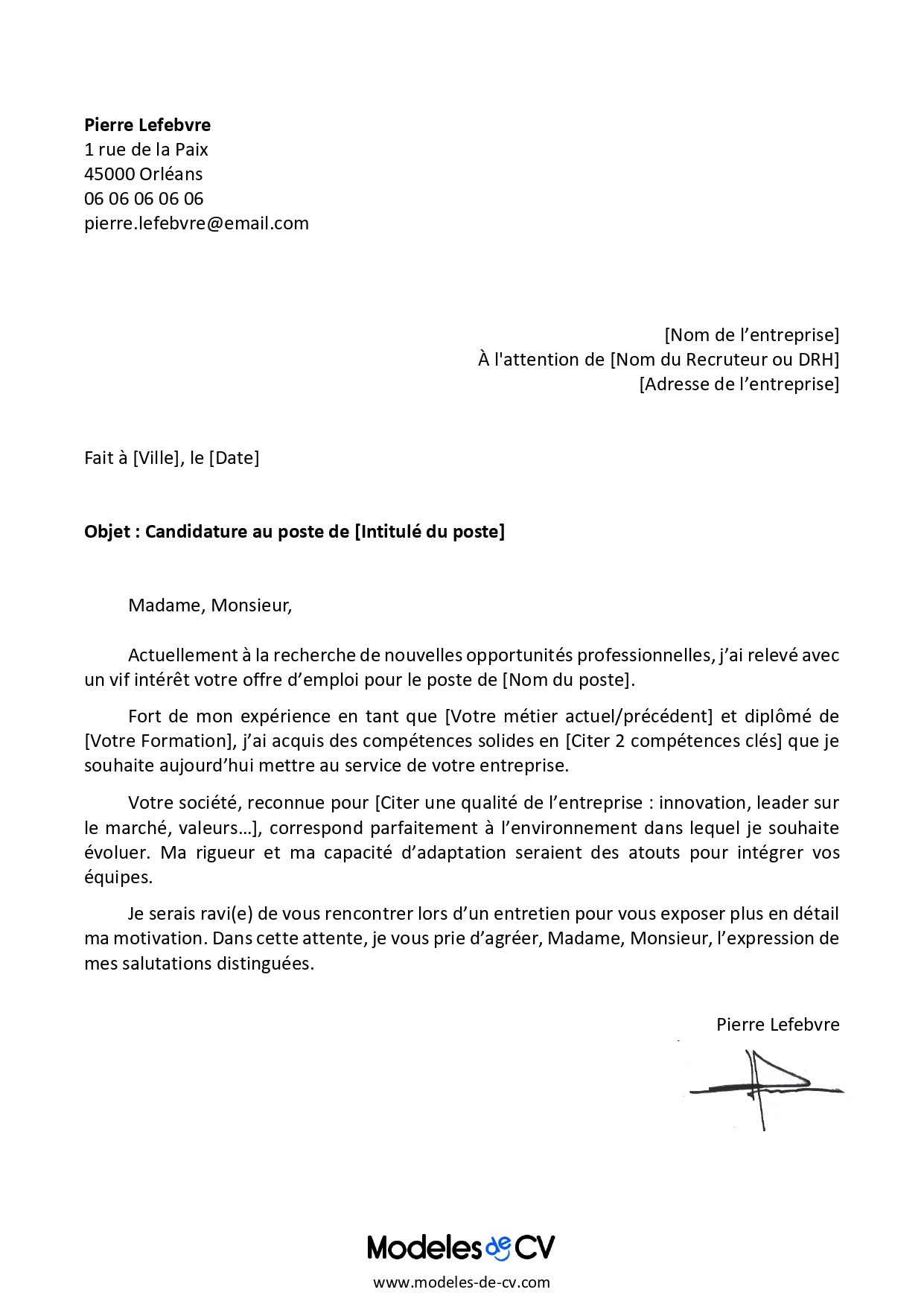exemple lettre de motivation type gratuit