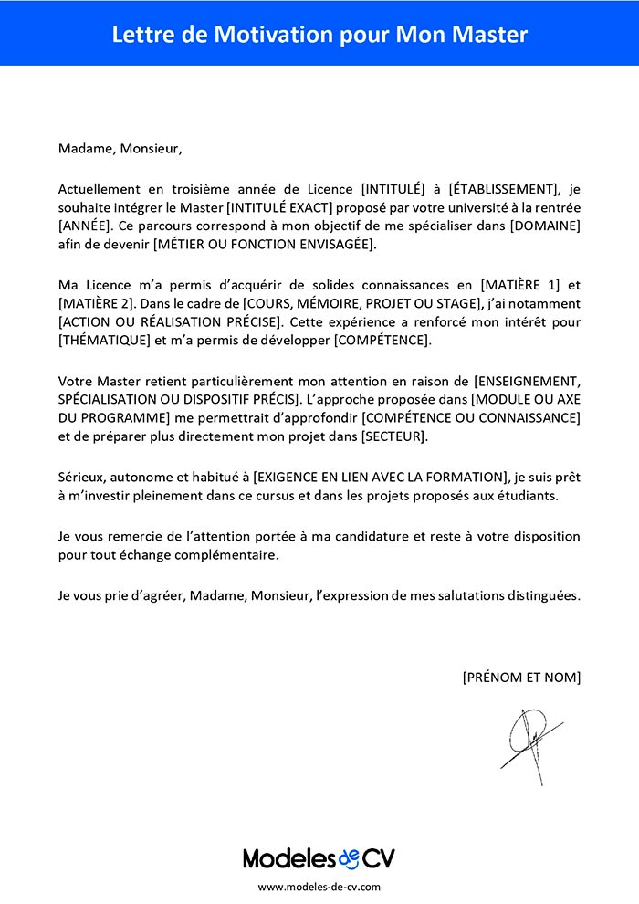 exemple lettre de motivation master