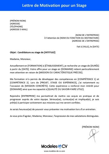 Exemple de lettre de motivation pour un stage