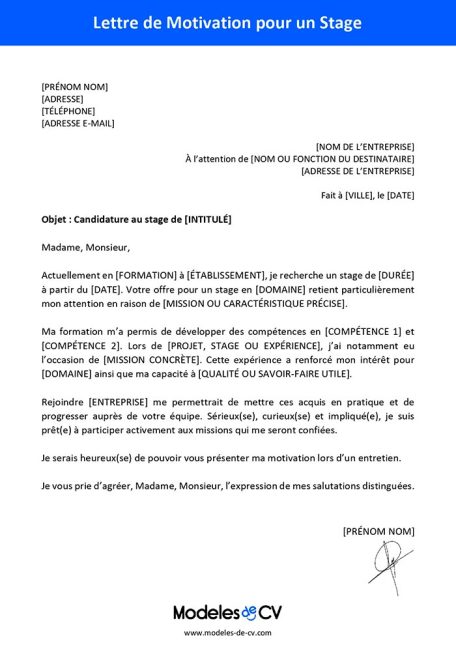 exemple lettre de motivation stage