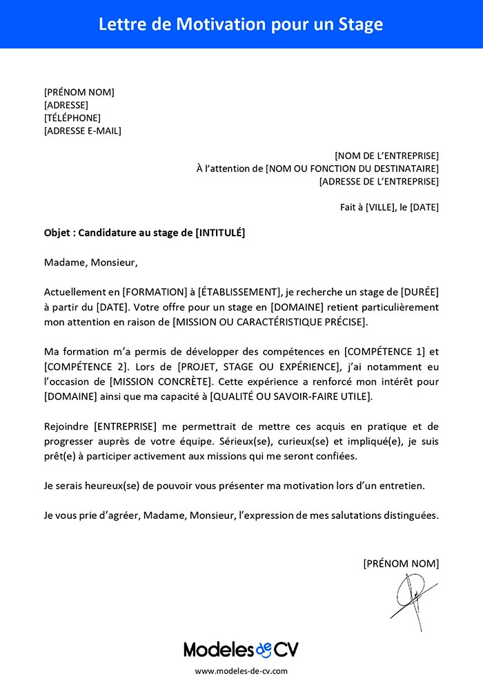 exemple lettre de motivation stage