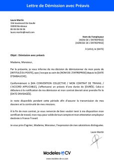 modèle lettre de démission avec préavis