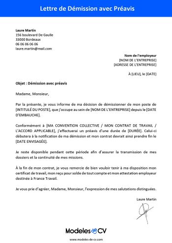 modèle lettre de démission avec préavis