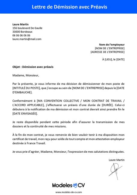 exemple de lettre de démission avec préavis