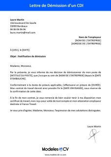 modèle lettre de démission cdi