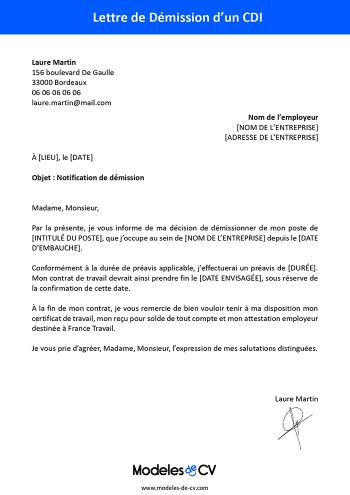 modèle lettre de démission cdi