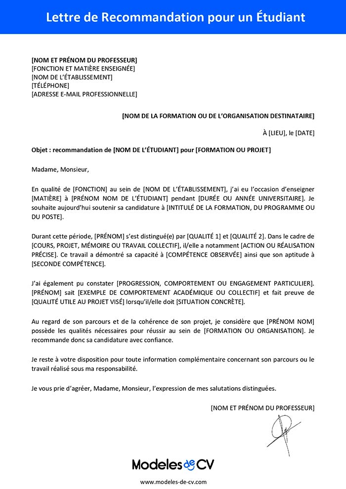 lettre de recommandation étudiant