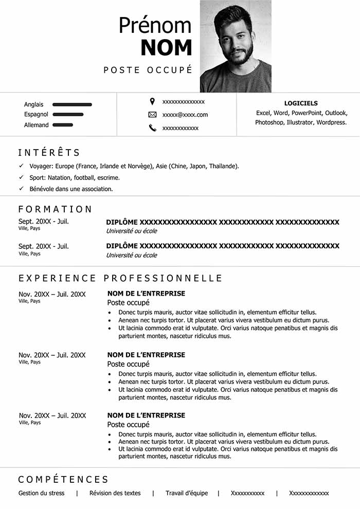 Modèle de CV à en-tête horizontal avec photo sur Word